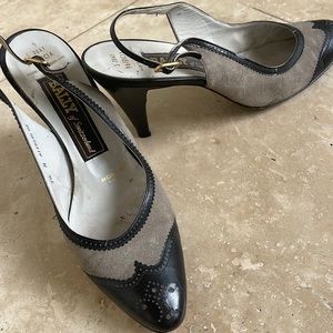 Vintage Bally of Switzerland heel. Grey suede with black accents.